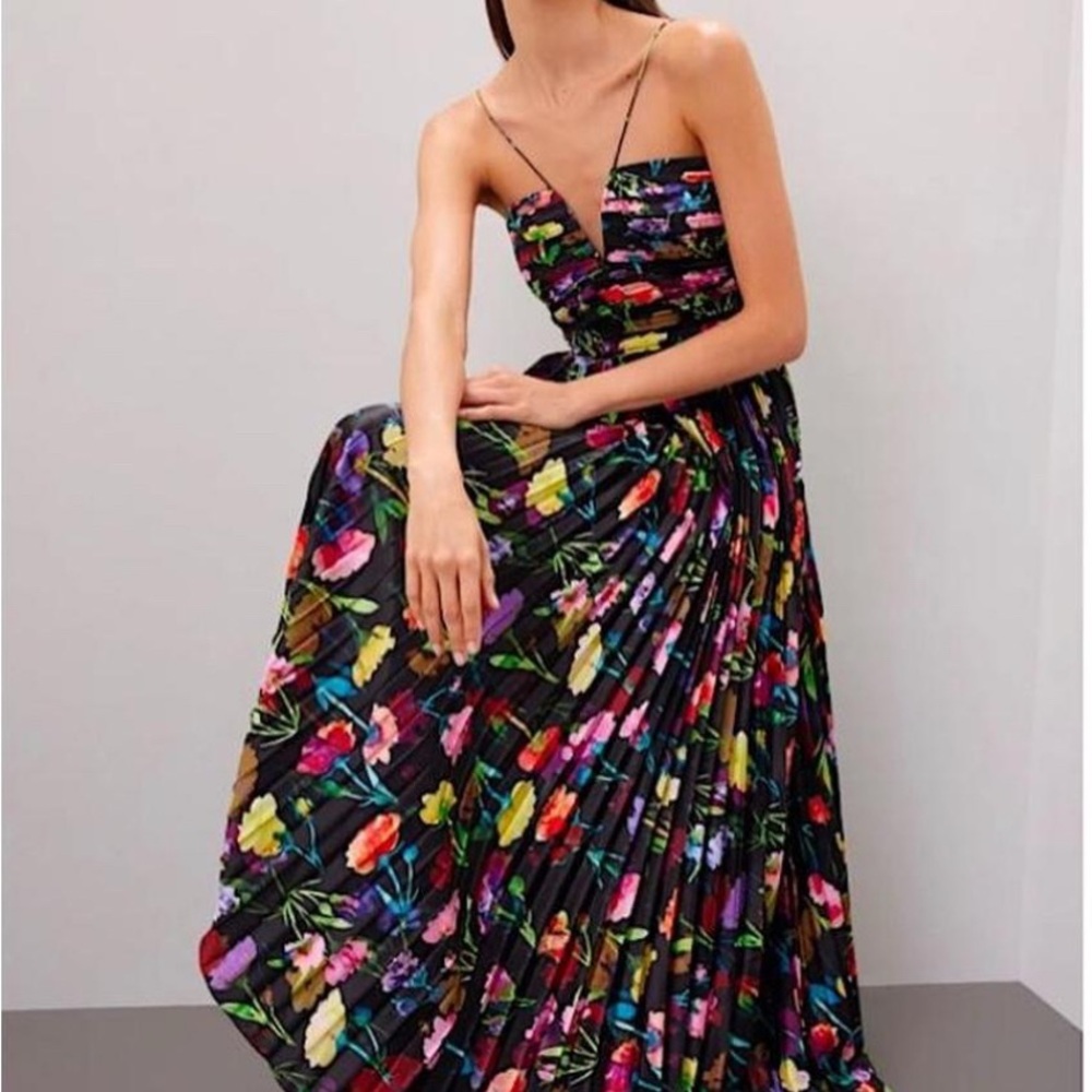 Gorgeous Black Floral Aaigos Adriana pleated gown, size 6.